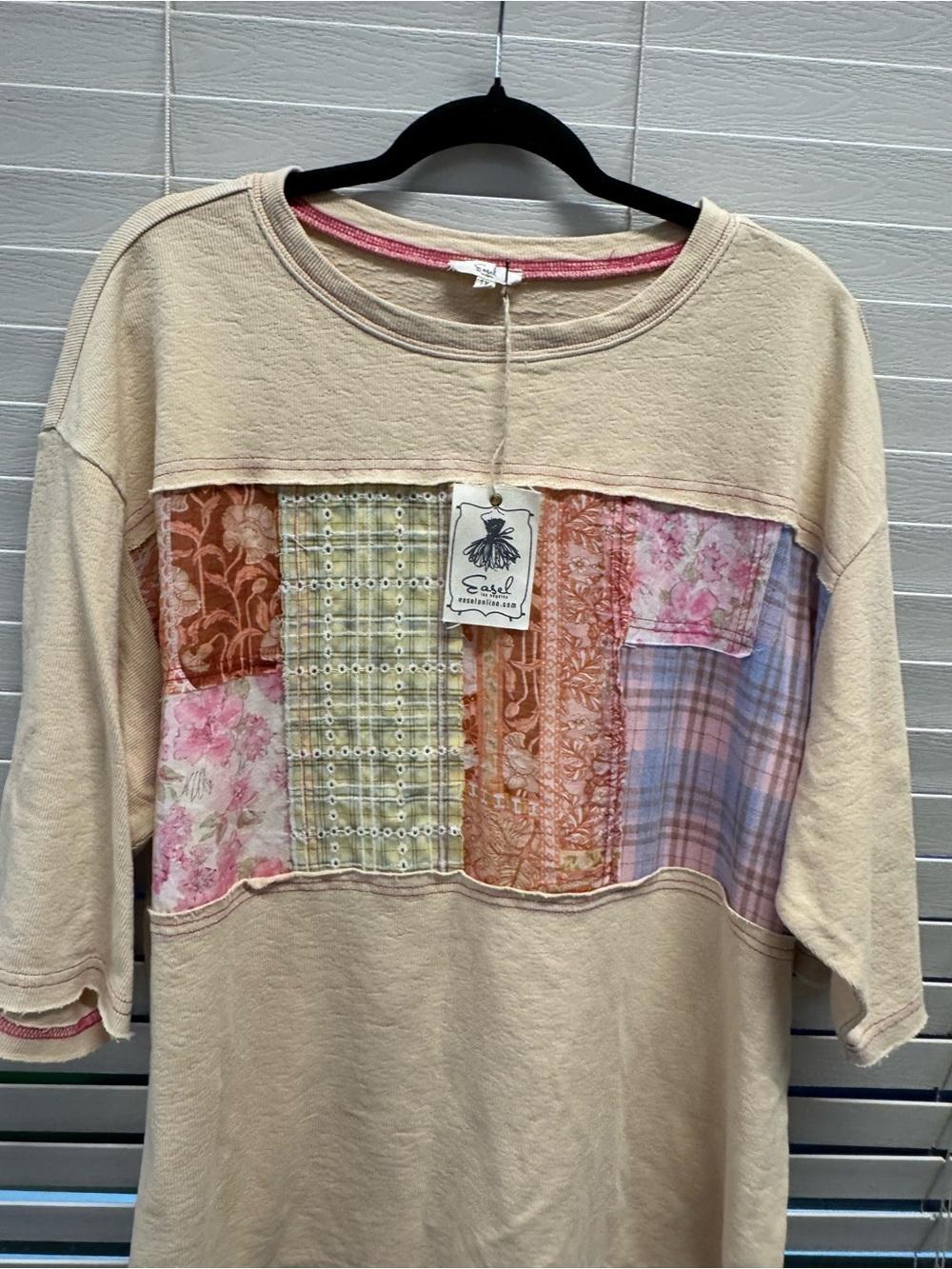 Easel Beige Ribbed Top with Pink Trim
